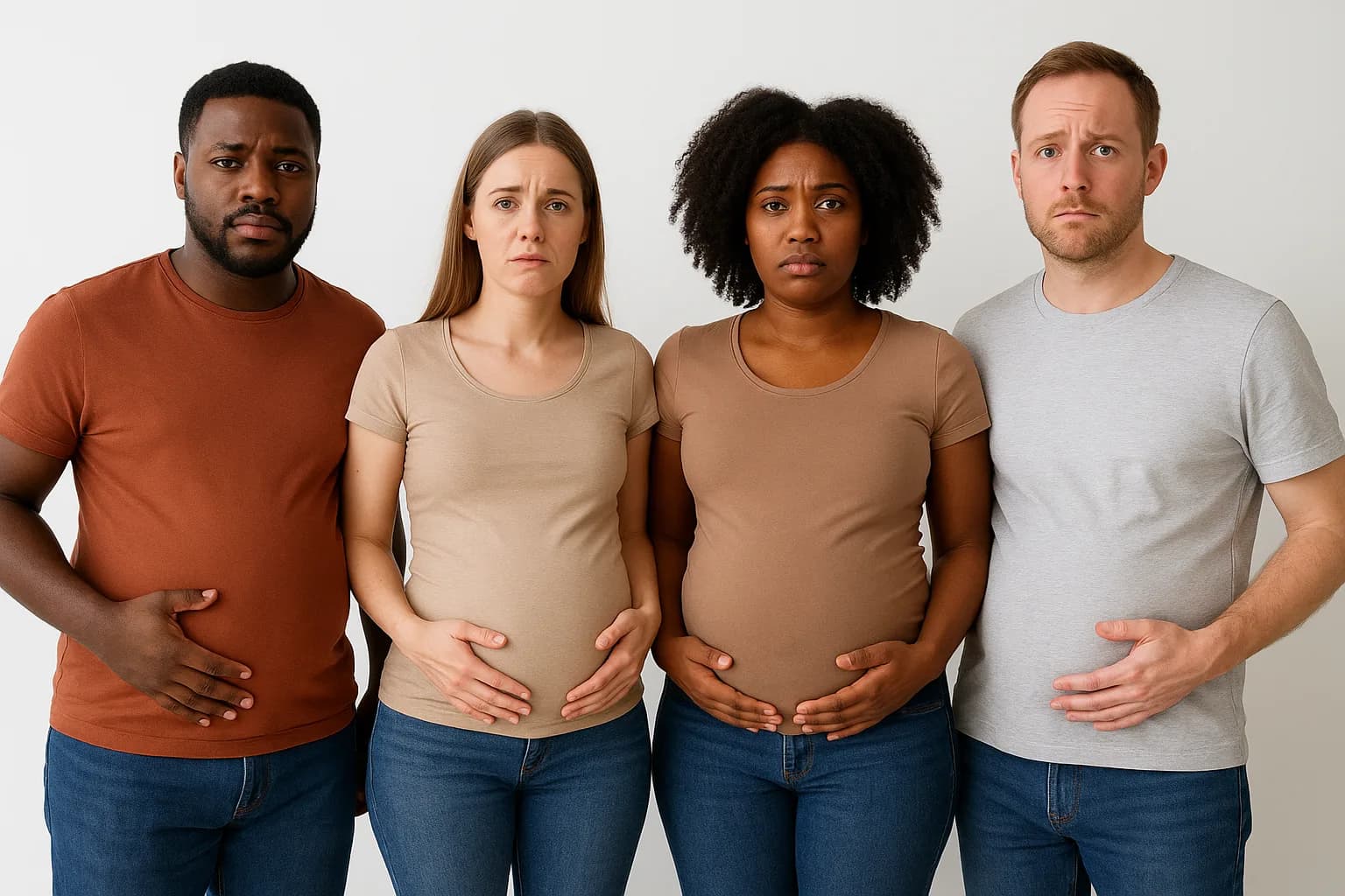 Four people holding their bloated stomachs